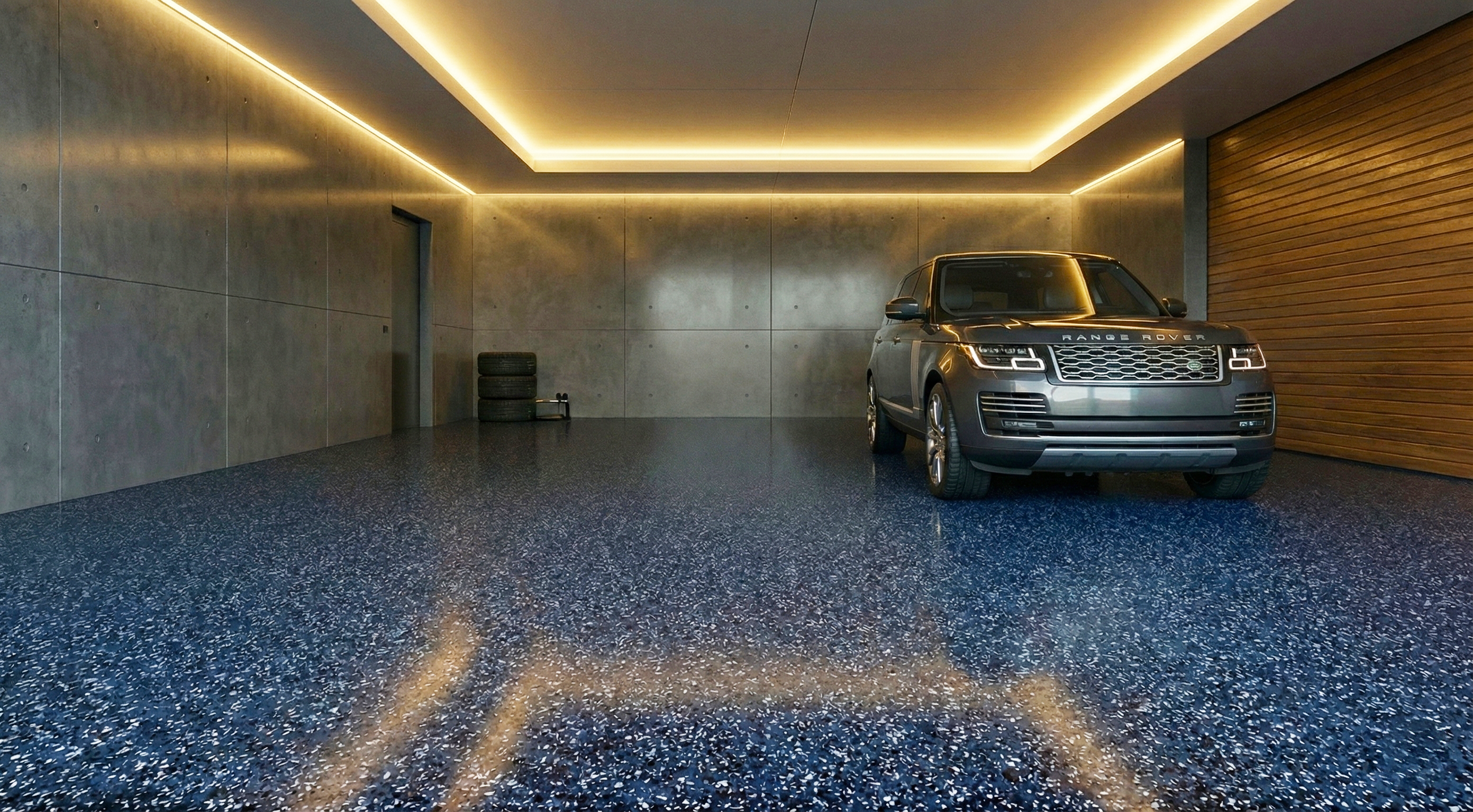 Premium rubber surfaced garage floor with luxury vehicle